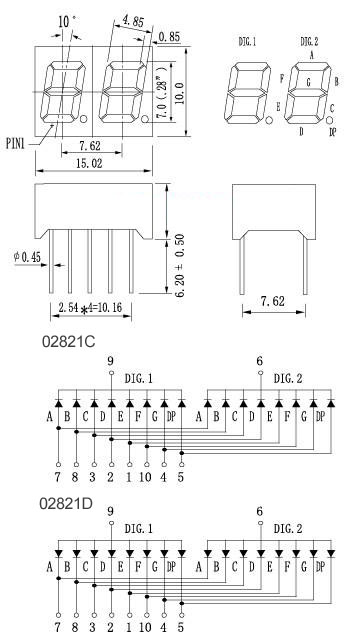 2 x 7 segment digit led display 0.28 inch D