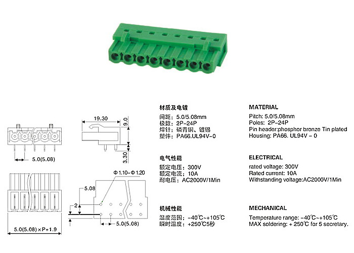 PCB Plug in Terminal Block 2EA 5.0mm 5.08mm pitch