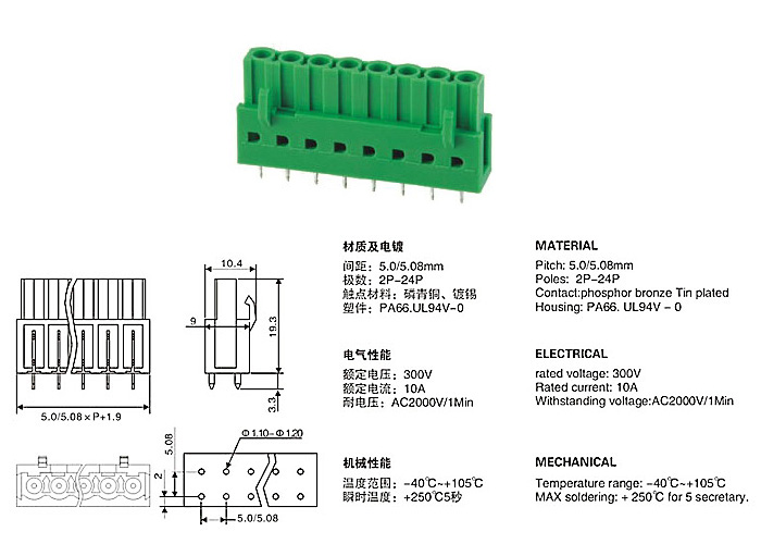 PCB Plug in Terminal Block 2EB 5.0mm 5.08mm pitch