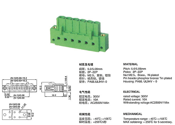 PCB Plug in Terminal Block 2EBM 5.0mm 5.08mm pitch