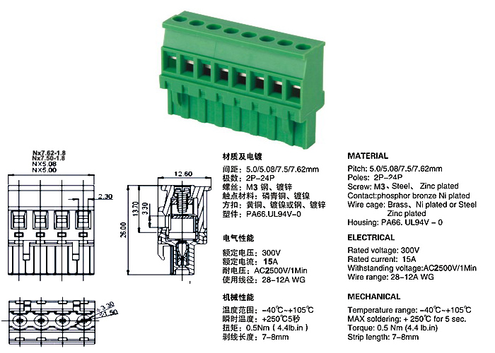 PCB Plug in Terminal Block 2EKA 5.0mm 5.08mm 7.5mm 7.62mm pitch