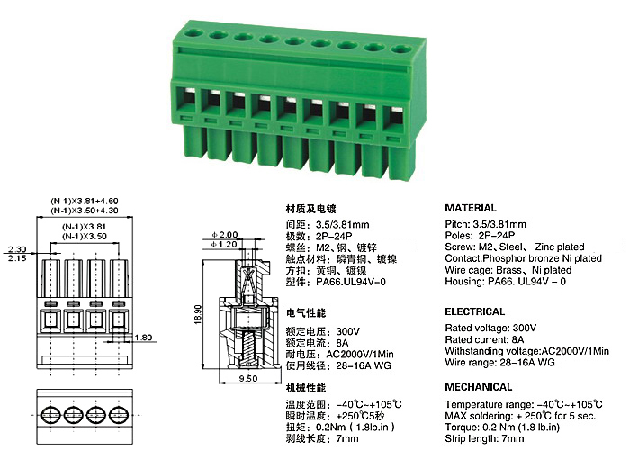 PCB Plug in Terminal Block 2EKB 3.5 mm 3.81 mm pitch - Click Image to Close