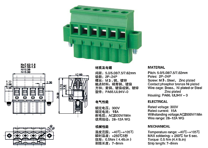 PCB Plug in Terminal Block 2EKBM 5.0mm 5.08mm 7.5mm 7.62mm pitch