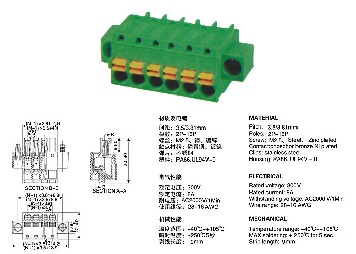PCB Plug in Terminal Block 2EKDM 3.5 mm 3.81 mm pitch