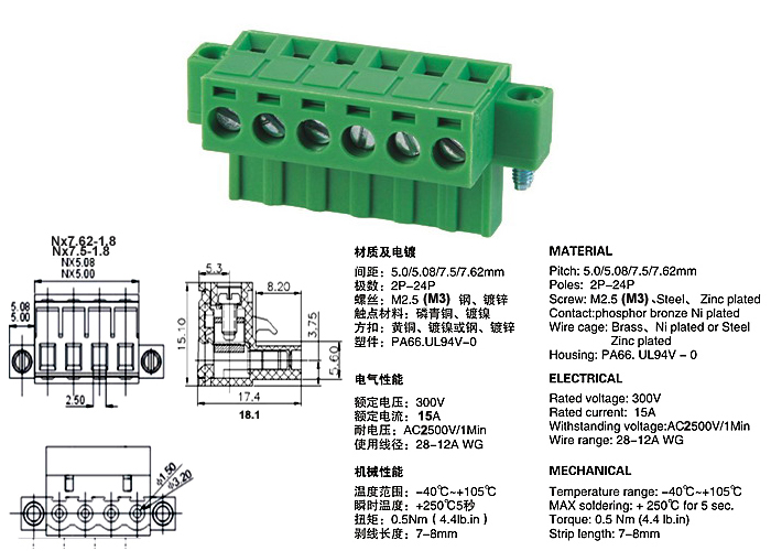 PCB Plug in Terminal Block 2EKM 5.0mm 5.08mm 7.5mm 7.62mm pitch