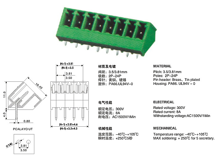PCB Plug in Terminal Block 2ELC 3.5 mm 3.81 mm pitch - Click Image to Close