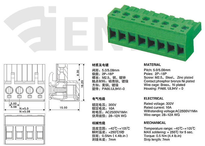 PCB Plug in Terminal Block 2EMG 5.0mm 5.08mm pitch
