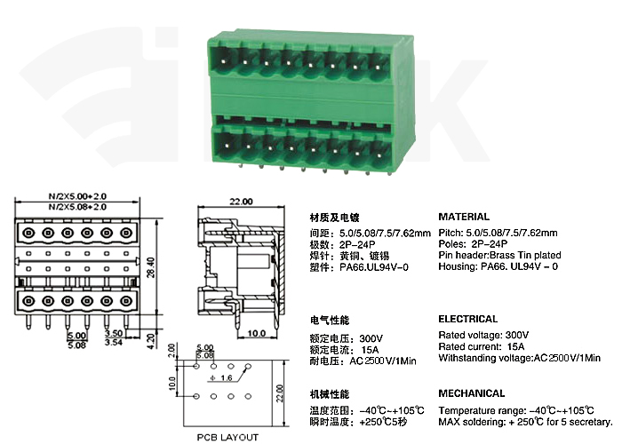 PCB Plug in Terminal Block 2ERH 5.0mm 5.08mm pitch