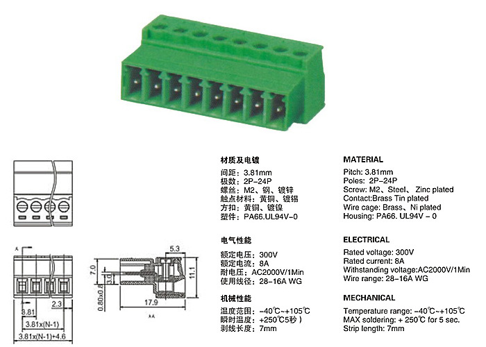 PCB Plug in Terminal Block 2ERK 3.81 mm pitch