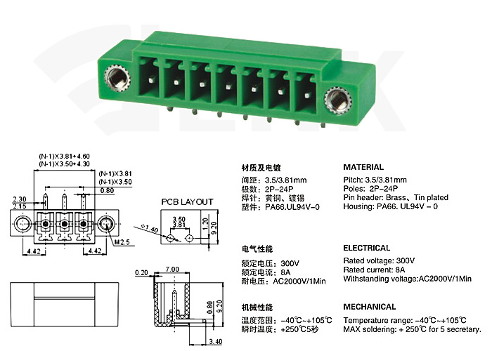 PCB Plug in Terminal Block 2ERM 3.5 mm 3.81 mm pitch