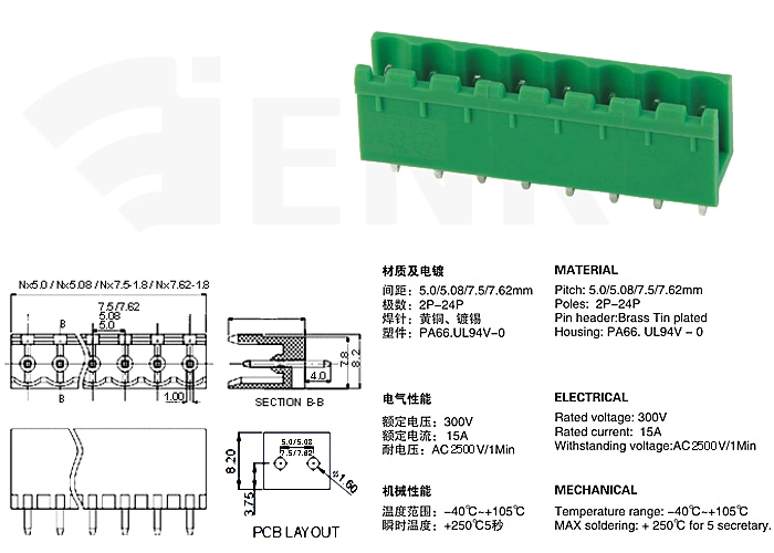 PCB Plug in Terminal Block 2EV 5.0mm 5.08mm 7.5mm 7.62mm pitch