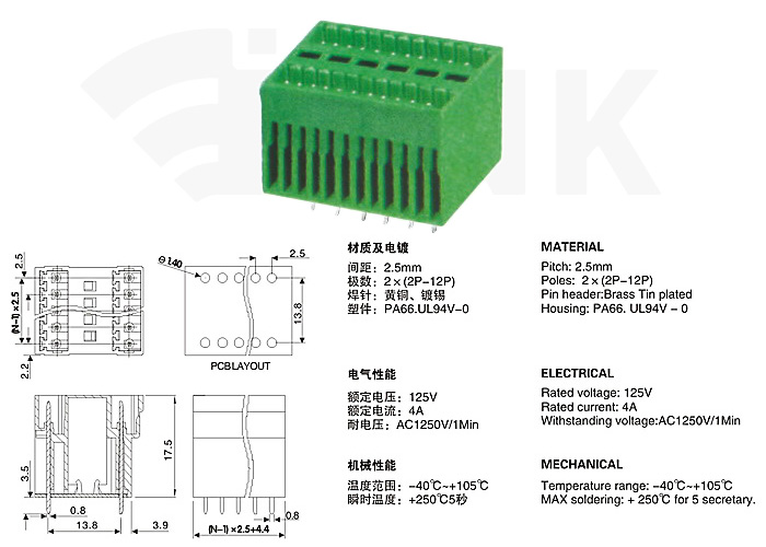 PCB Plug in Terminal Block 2EVH 2.5 mm pitch