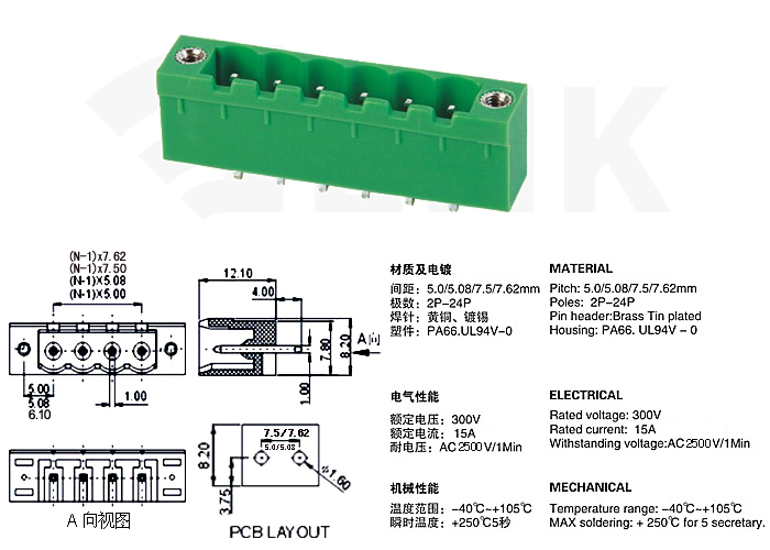 PCB Plug in Terminal Block 2EVM 5.0mm 5.08mm 7.5mm 7.62mm pitch - Click Image to Close