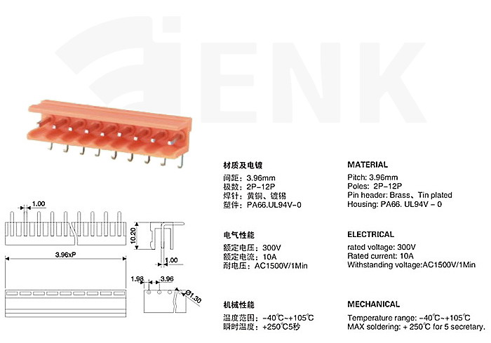 PCB Plug in Terminal Block HT396R 3.96mm pitch