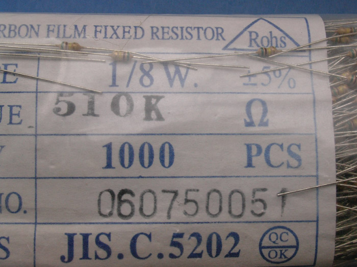 Carbon Film Resistors 510K ohm 0.125W