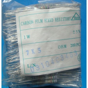 Carbon film resistors 7.5K ohm 1W 5%